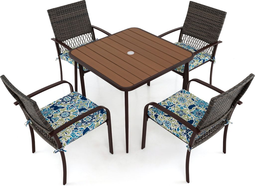 COSTWAY Gartenmöbel Set Polyrattan für 4 Personen, Sitzgruppe mit Tisch, 4 Rattanstühle & Kissen, Tischplatte mit Schirmloch, Sitzgarnitur, Essg...
