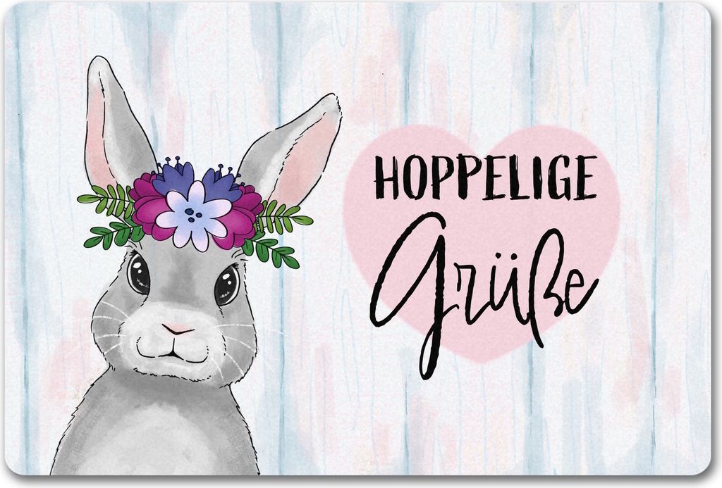 Hoppelige Grüße Fußmatte in 40x60 cm ohne Rand mit süßem Osterhase und Blumen