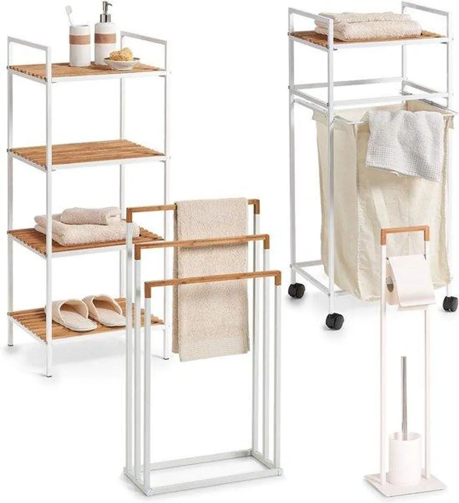 Brosse de toilettes design métal blanc et bambou pour salle de bain Zen