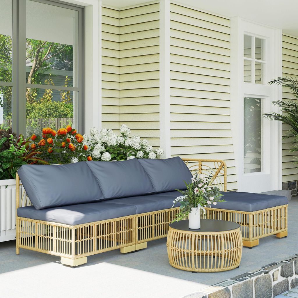 Polyrattan Gartenlounge Set 5-teilig Gartenmöbel Sitzgruppe mit Kissen & Glastisch Wetterfest Outdoor Sofa Modulbar Grau