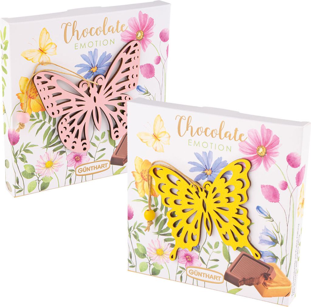 Günthart Chocolate Emotion Präsent mit Holz Schmetterling Sortiert 90g