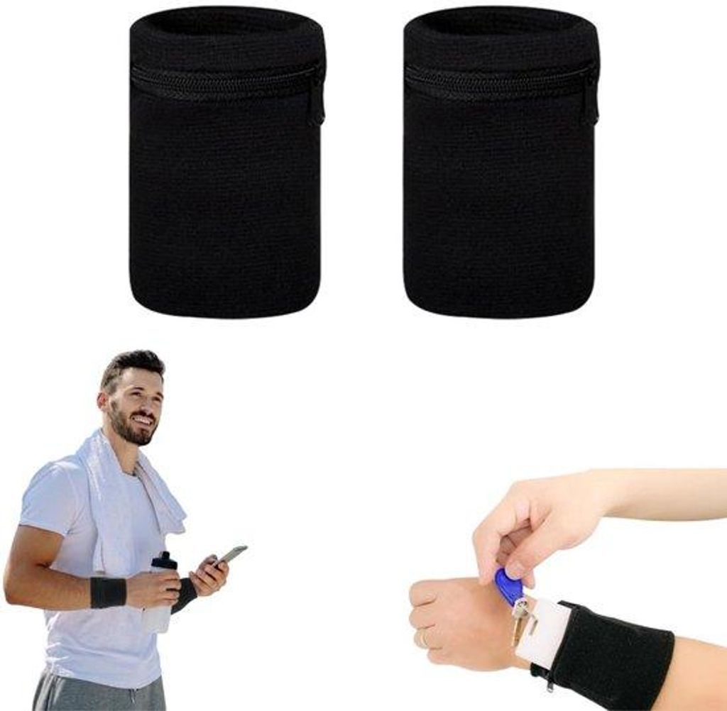 2 Stück - Sportarmband - Ripp-Armband - Armband für das Aufbewahren von Schlüsseln, Karten, Bargeld - Schwarz - 8*10cm - Ideal für Fahrräder, ...