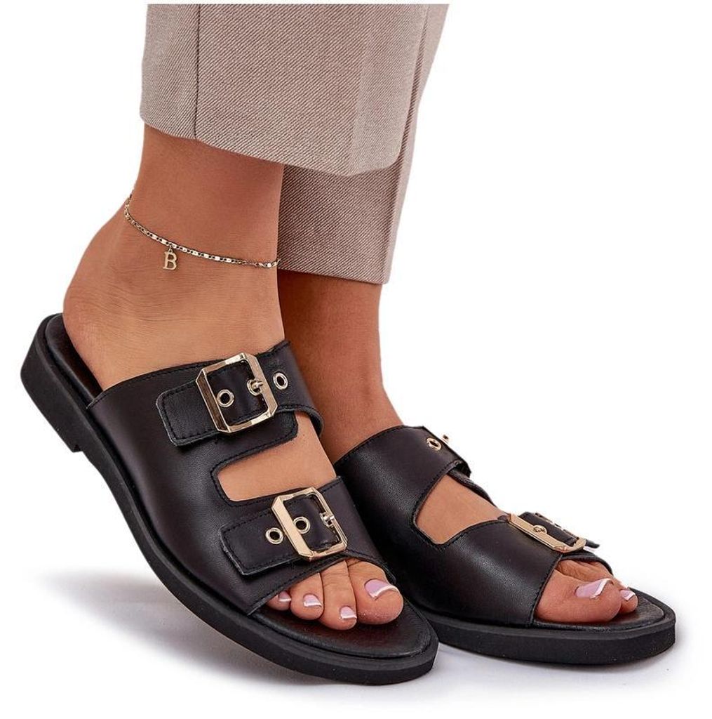 Leder Flache Sandalen Mit Schnallen Zazoo 3020 Schwarz 39