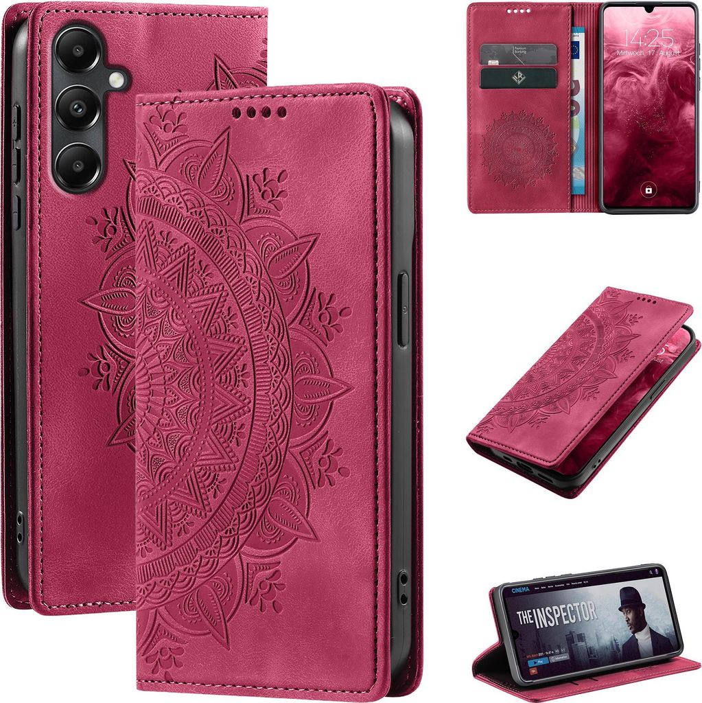Mandala Handyhülle für Samsung Galaxy A14 / A14 5G RFID Schutz Klapphülle Case Cover Design Schutzhülle Farbe: Magenta