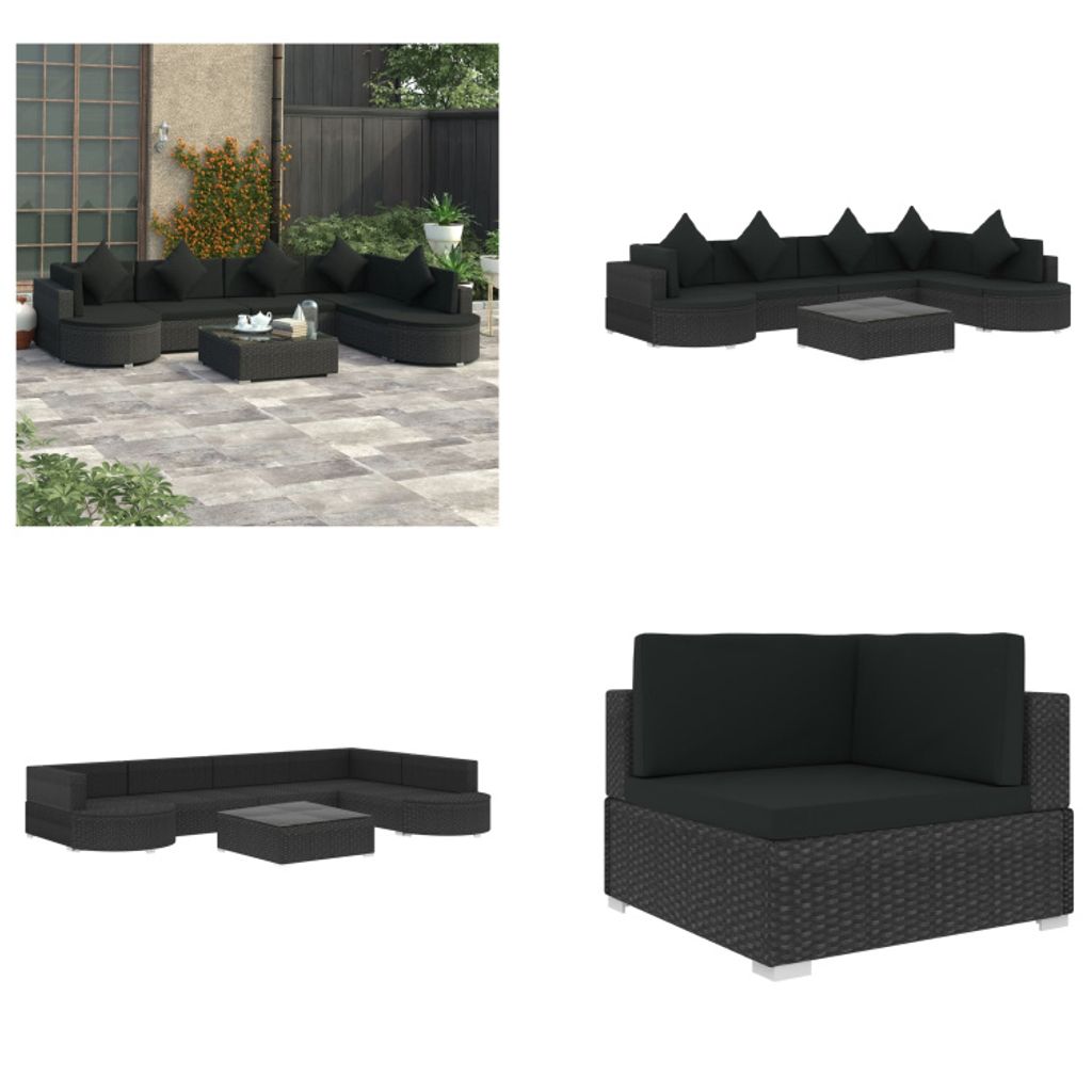vidaXL 8 tlg. Garten Lounge Set mit Auflagen Poly Rattan Schwarz - Garten-Lounge-Set - Garten-Lounge-Sets - Gartensofa - Gartensofas