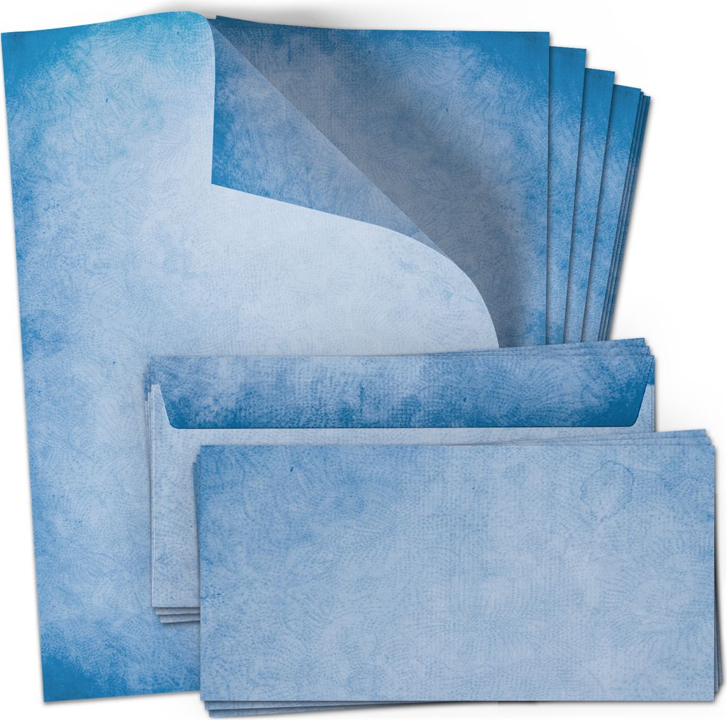 50 Briefpapier und Briefumschlag SET | Vintage Blau Altes Papier Look | Papier und Umschlag mit Design-Motiv bedruckt | 90 g/m²