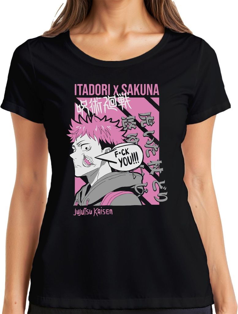 FUCK YOU Jujutsu Kaisen Itadori Yuji Sakuna Anime Ästhetik Pink Damen T-Shirt, Schwarz, XL