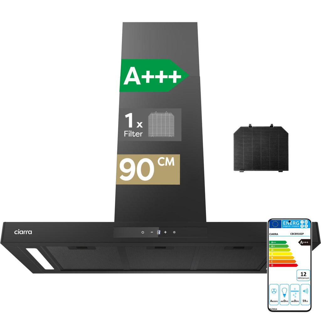 CIARRA A+++ 650 m³/h Dunstabzugshaube 90cm Wandhaube WIFI Produktbild 