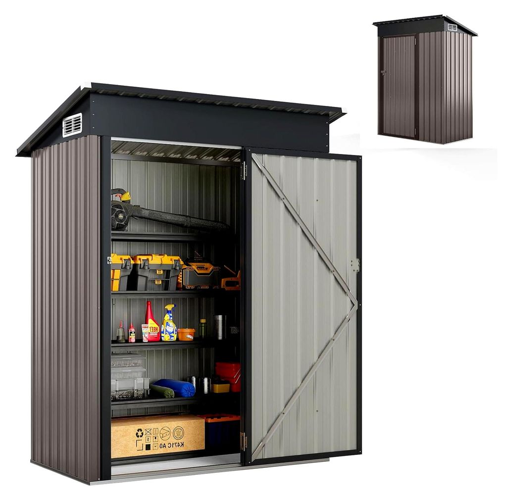 Metallgerätehaus mit Pultdach, Tür und 2 Lüftungsfenstern, 150 x 88 x 185 cm, 1,5 m³, Gartenhaus mit 2 Paar Handschuhen, wetterfest (Grau)