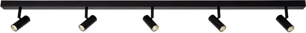 A black track light fixture with five adjustable spotlights is shown against a white background.