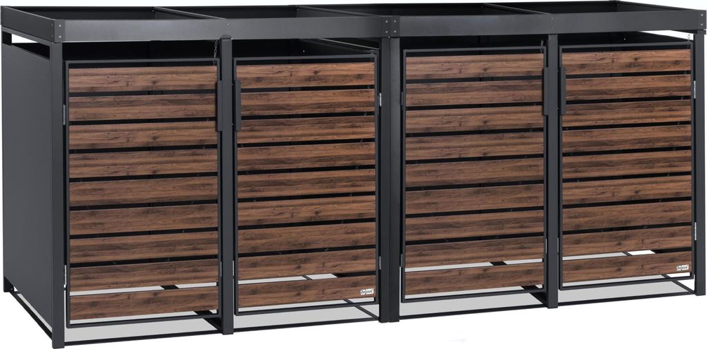 A four-unit trash bin enclosure with a dark brown wood-look front and a dark gray frame, set against a white background.