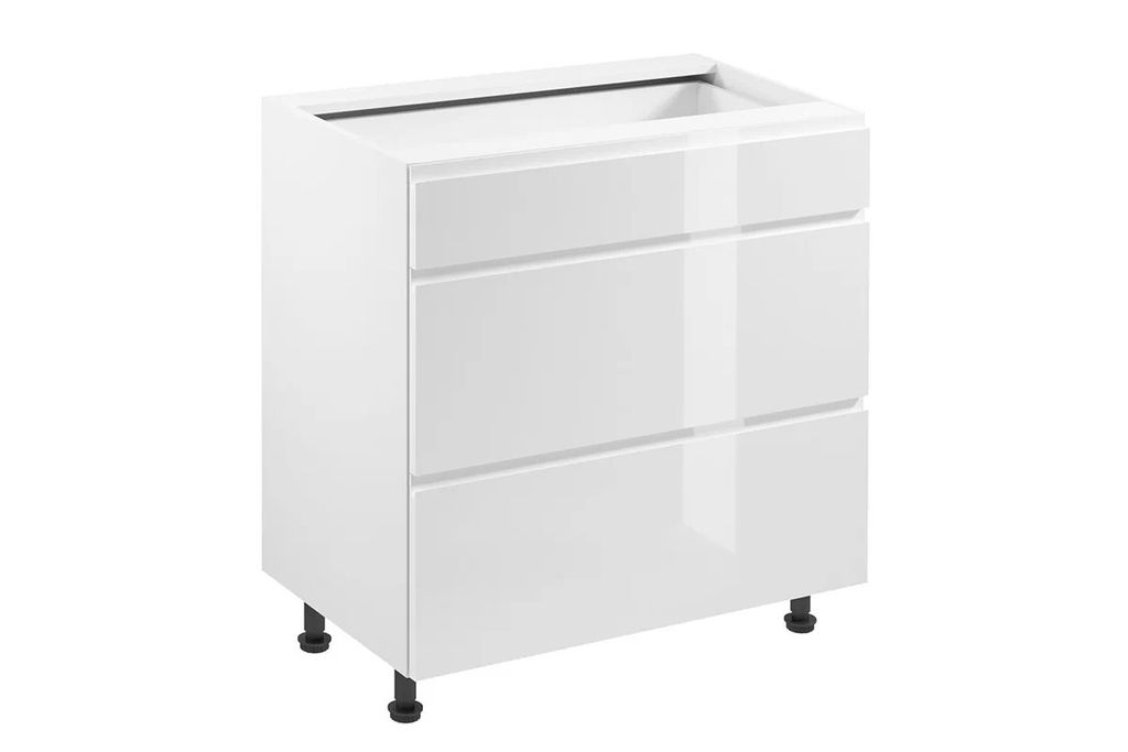 Unterschrank 80 cm ohne Arbeitsplatte küchemöbel mit Schubladen,Aspen D80S3 Weiß Hochglanz