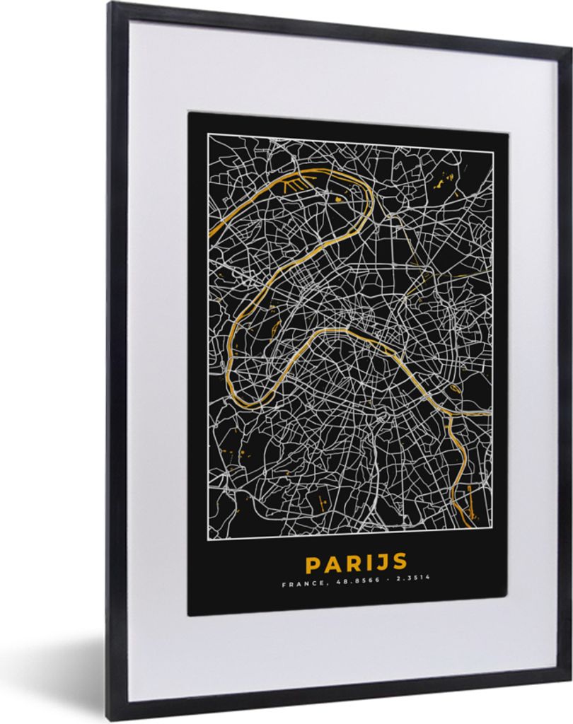 MuchoWow Gerahmtes Poster Paris - Stadtplan - Gold - Karte 30x40 cm - Poster mit Schwarzem Bilderrahmen Wandposter Rahmen Foto Bilder - Wandposte...