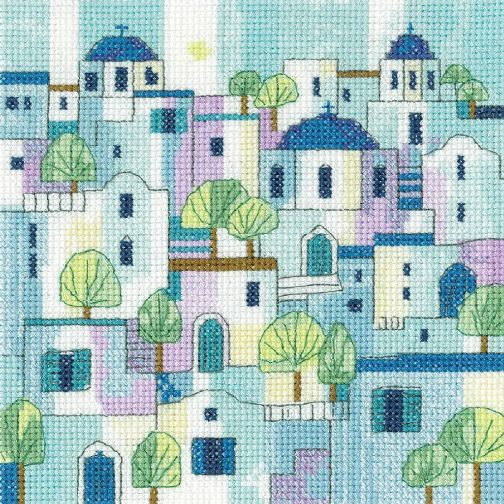 Broderie Point de Croix Paysage Grèce Kit Complet Déco Maison 15x15cm