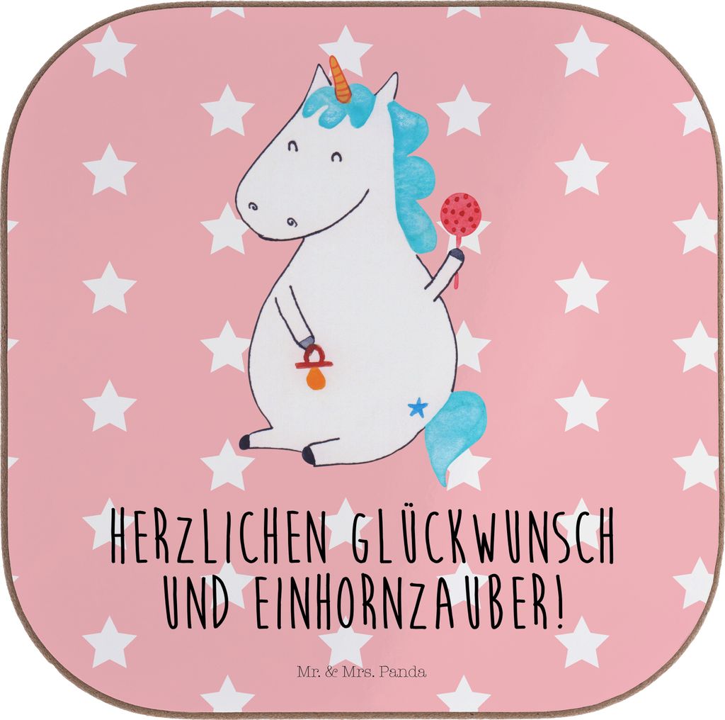 Mr. & Mrs. Panda Tassenuntersetzer Einhorn Baby - Rot Pastell - Geschenk, Untersetzer für Gläser, Glas, Unicorn, Tischuntersetzer, Geburtstag, El...