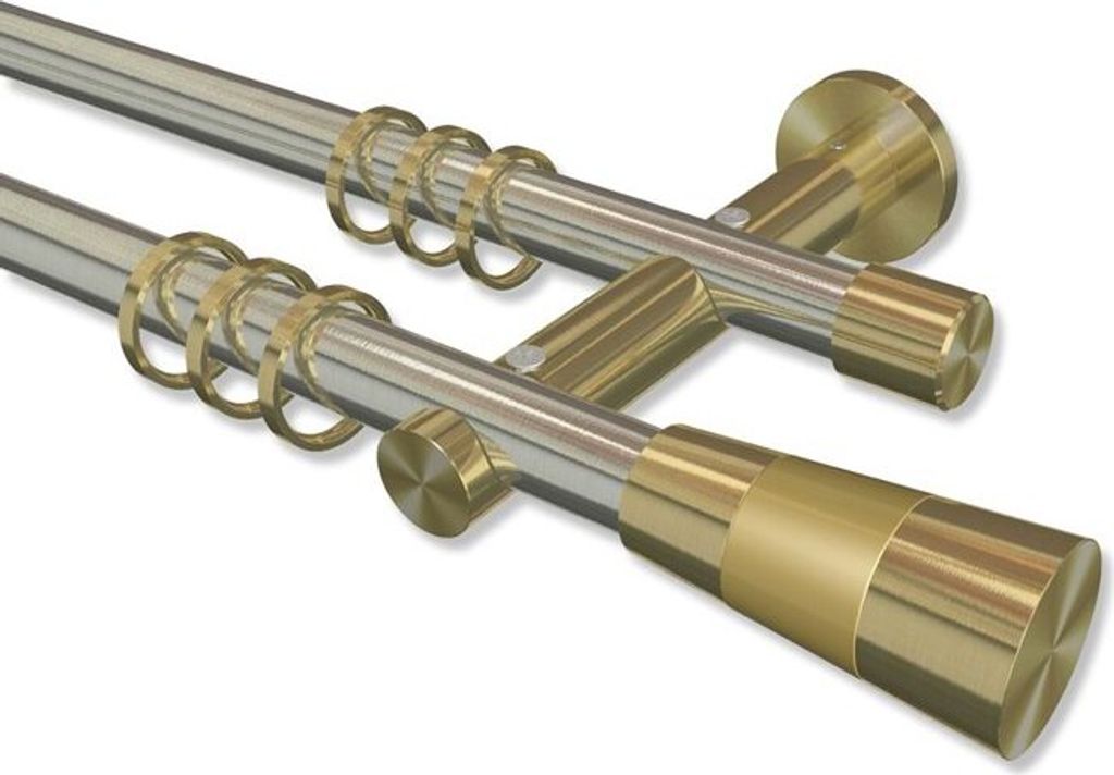 Interdeco Gardinenstange, Vorhangstange Edelstahl-Optik / Messing-Optik Modell Platon Tanara, 20 mm Ø 2-läufig, 540 cm (geteilt)
