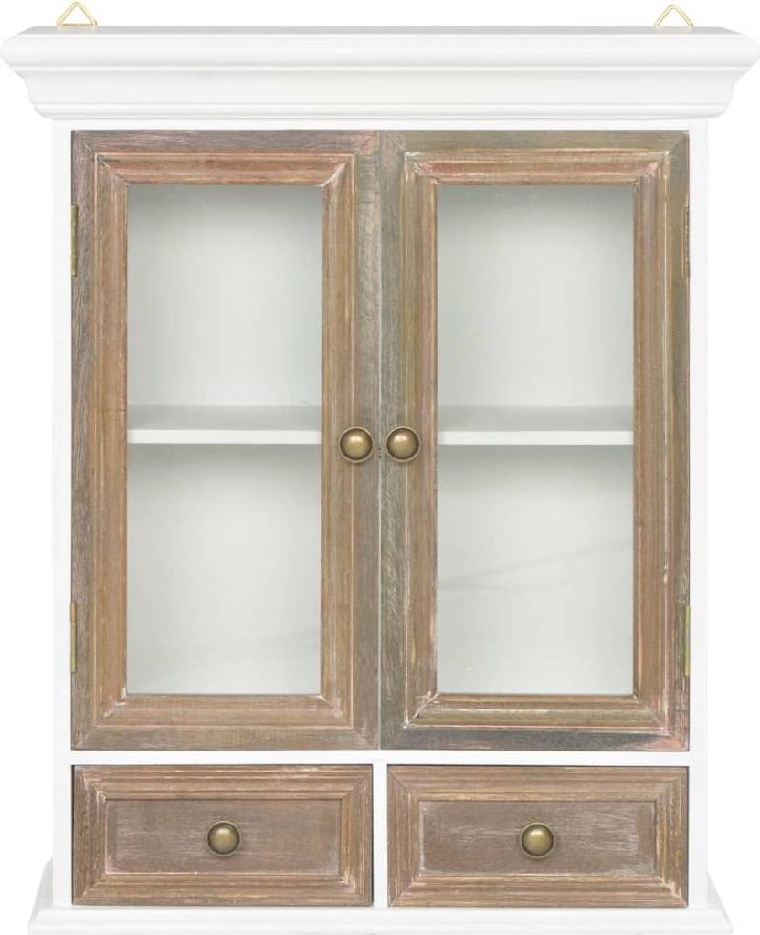 A white wall-mounted cabinet with two glass doors and two drawers.