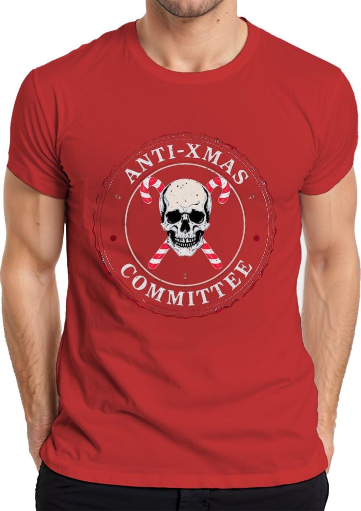 Anti Xmas Committee Skull Candy Canes Gothic Punk Weihnachten Herren T-Shirt, Rot, M