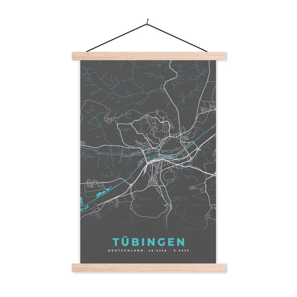 MuchoWow Textilposter Stadtplan - Deutschlandkarte - Blau - Tübingen - Karte 40x60 cm mit holzfarbenen Rahmen - Poster