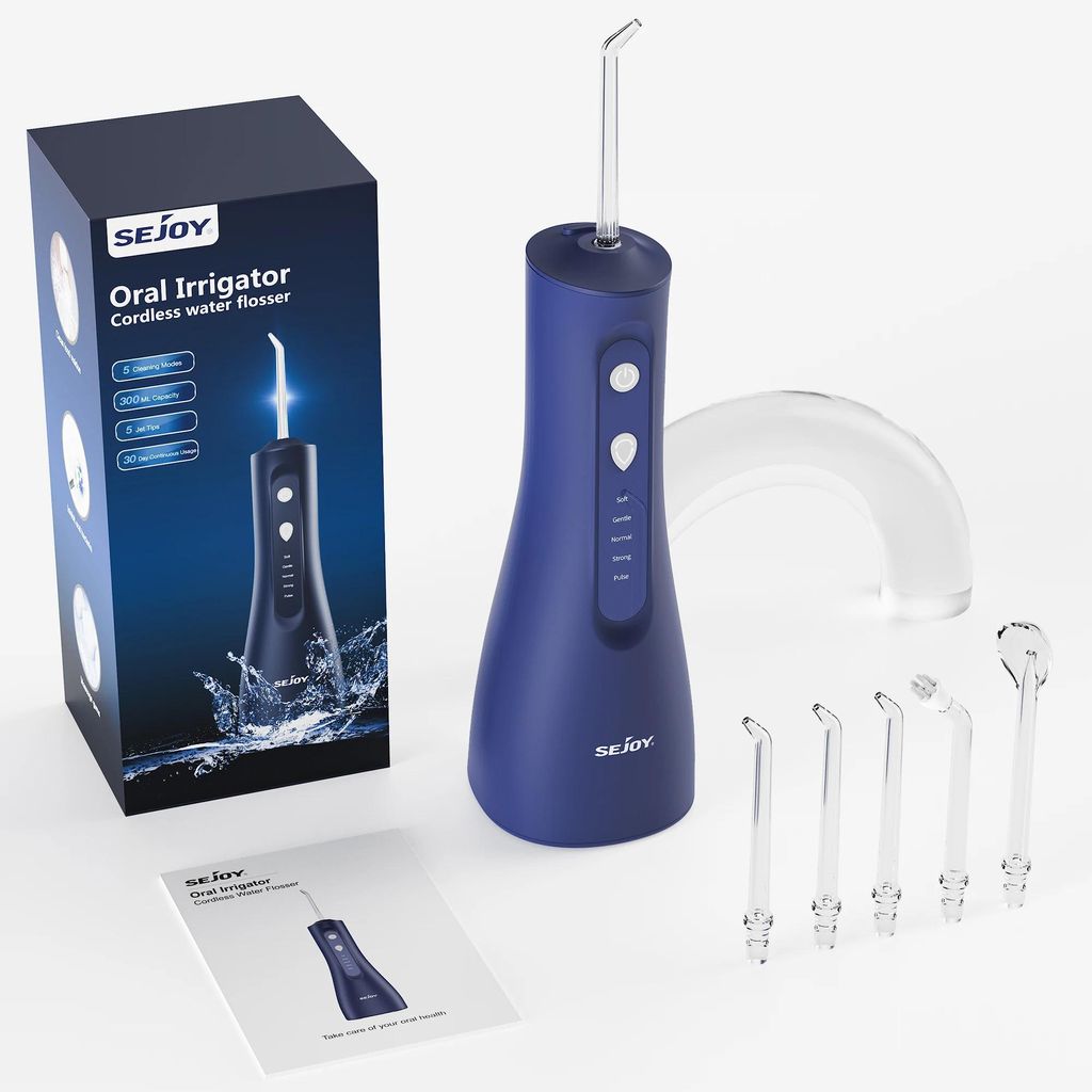 Munddusche - Oral Irrigator - Tragbar, wiederaufladbar 1200 mAh - Puls 1600–1999 Imp./Min. - Tank 300–499 ml - Wasserdicht - Dunkelblau
