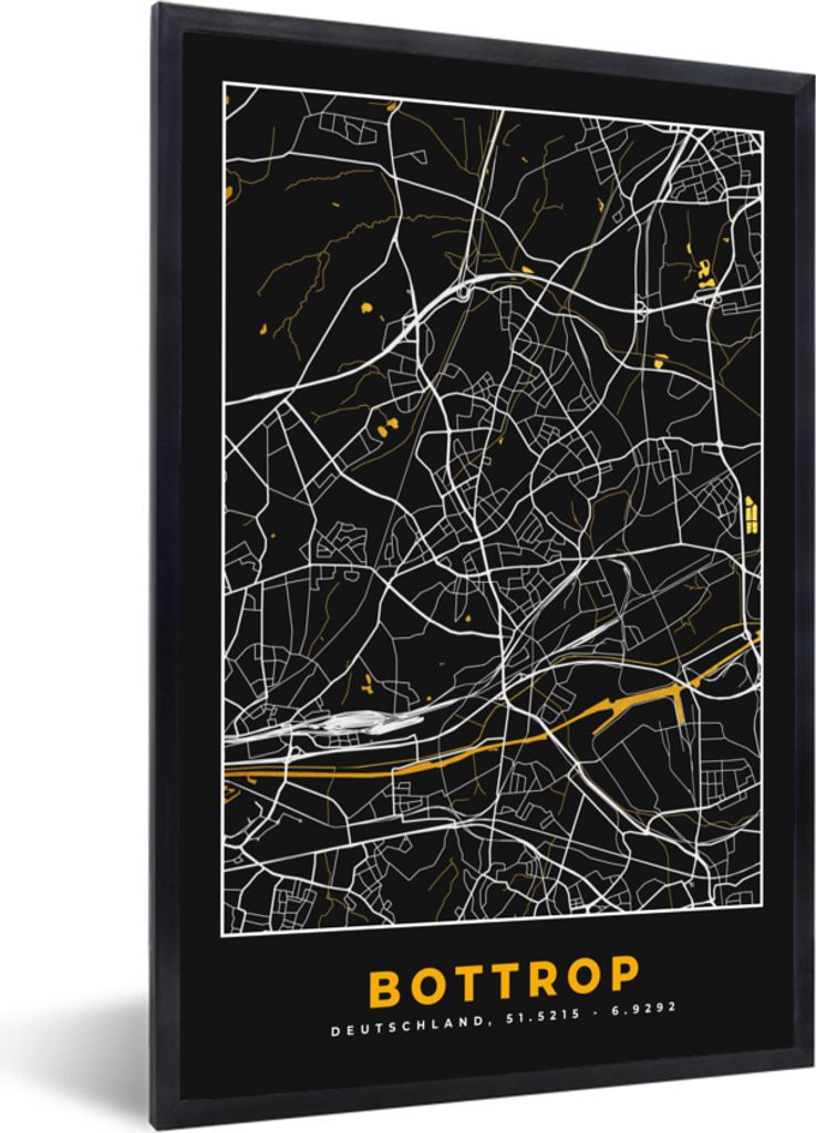 MuchoWow Gerahmtes Poster Bottrop - Stadtplan - Gold - Deutschland - Karte - Schwarz und Gold 40x60 cm - Poster mit Schwarzem Bilderrahmen Wandpo...