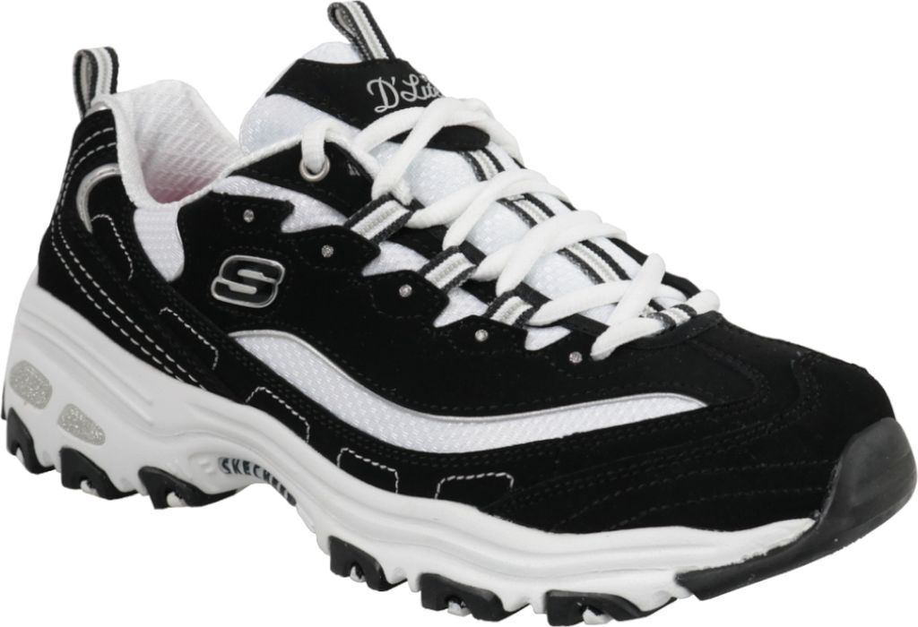 A studio shot of a black and white Skechers sneaker.