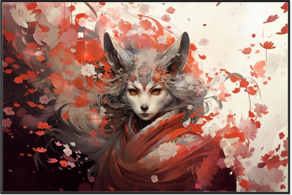 Wallario Wandbild Mystischer Fuchsgeist, Größe: 61 x 91,50 cm, Poster mit schwarzem Aluminiumrahmen