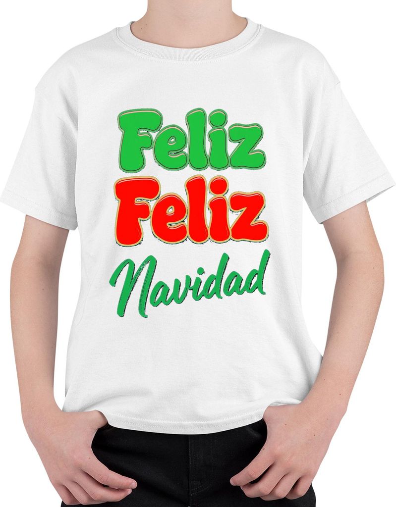 Feliz Feliz Navidad spanischer Weihnachtsgruß Retro Bunt Lustig Uni Kinder T-Shirt, Weiß, 140