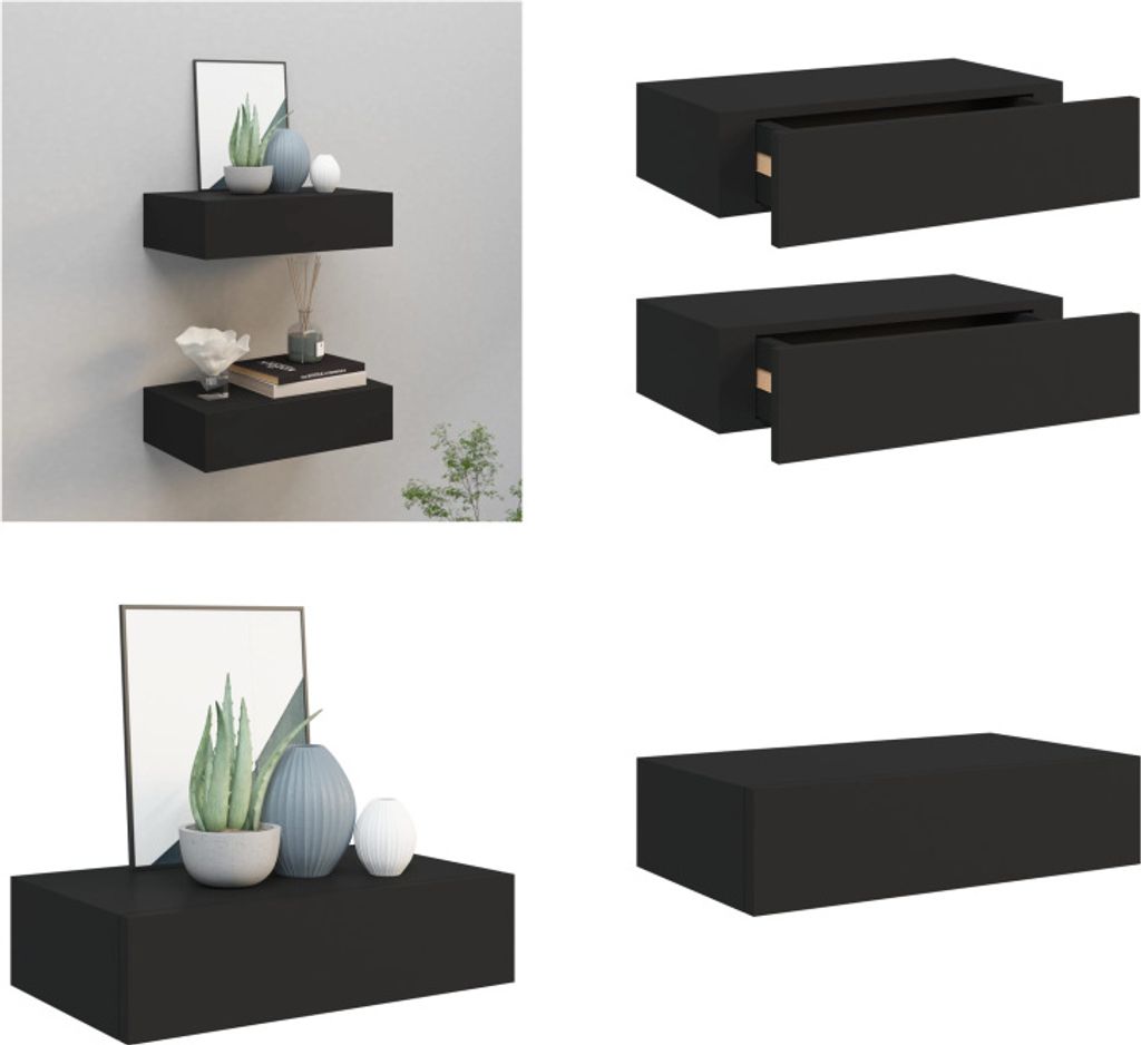 vidaXL Wandregale mit Schubladen 2 Stk. Schwarz 40x23,5x10 cm MDF - Schubladenregal - Schubladenregale - Wandregal - Wandregale
