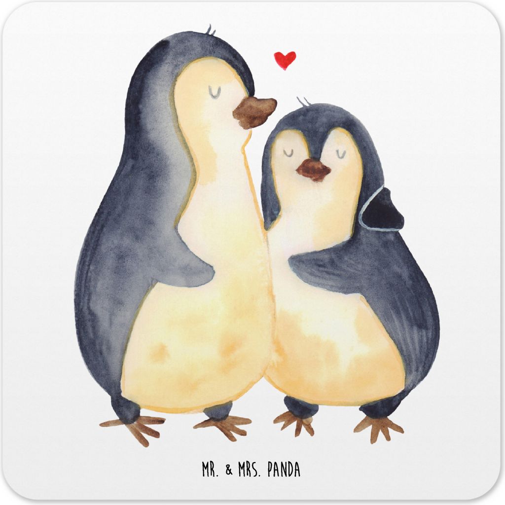 Mr. & Mrs. Panda Tischuntersetzer Pinguin umarmen 6er Set - Weiß - Geschenk, Untersetzer Tisch, Liebe, Verknallt, Glas-Untersetzer, Tassenunterset...