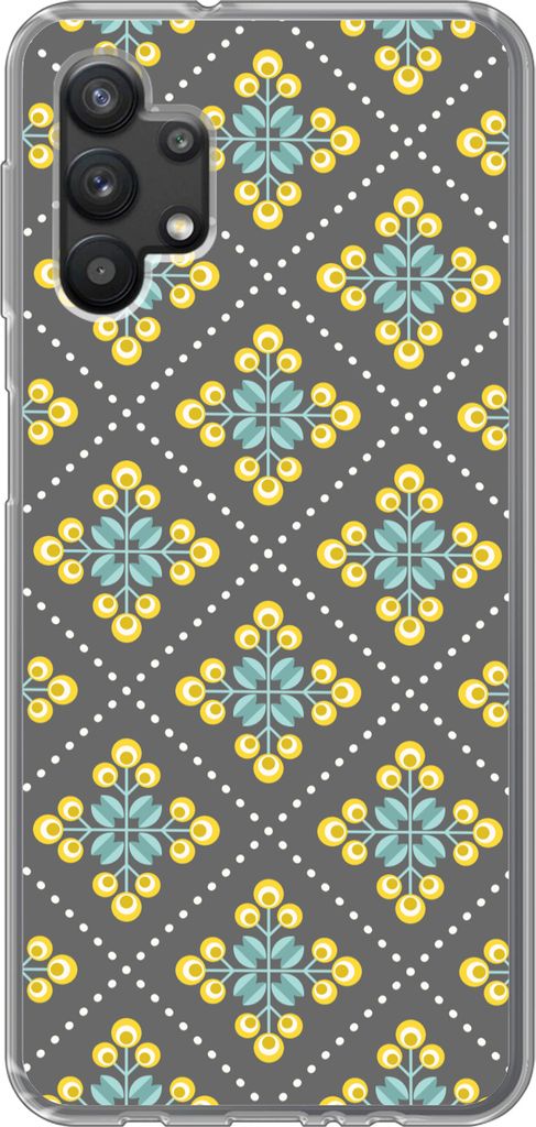 MuchoWow Handyhülle Schutzhülle Hülle für Telefoonhoesje Samsung Galaxy A32 5G Design - Kariert - Blumen - Grau Silikon Softcase Handy Hülle...