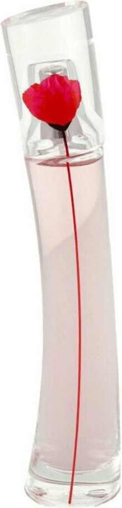 A clear studio shot of a perfume bottle with a red flower inside.
