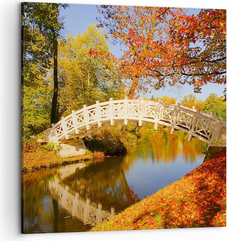 Bild auf Leinwand - Leinwandbild - Stream Fußgängerbrücke Herbst - 50x50cm - Wand Bild - Wanddeko - Leinwanddruck - Bilder - Kunstdruck - Wandde...