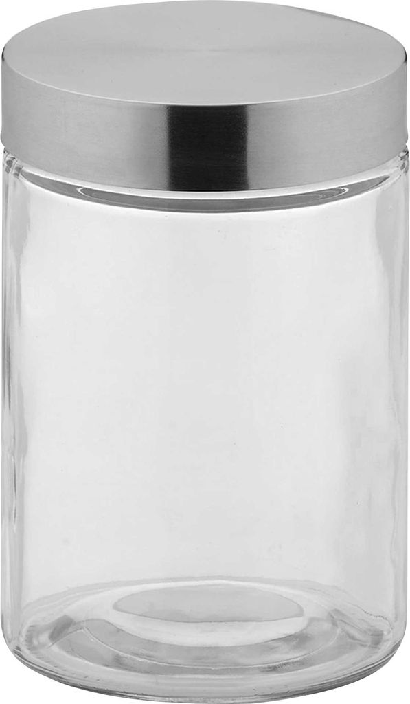 A clear, professional studio shot of a glass storage jar with a silver lid.