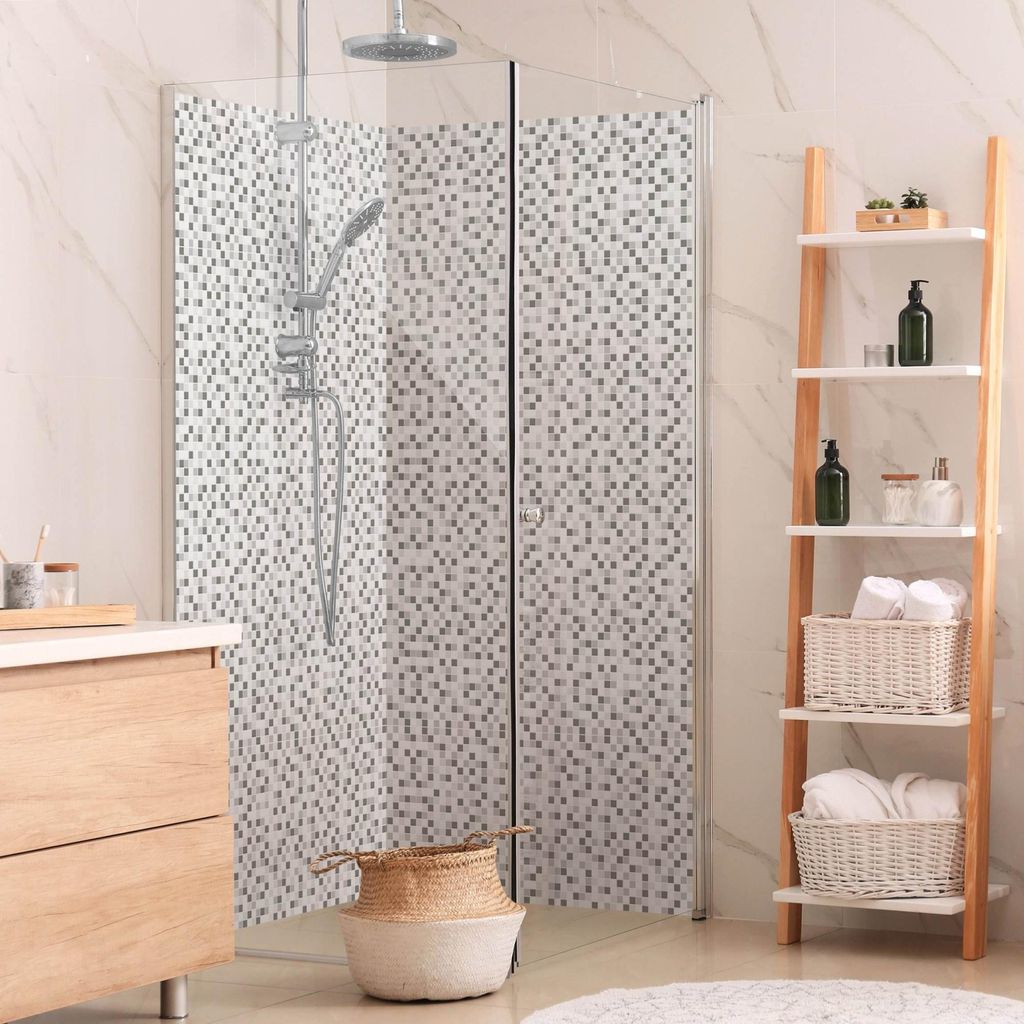 Duschrückwand mit Motiv selbstklebend - 0.35 mm Wandpaneel wasserfest Design weiss Fliesenoptik Illustration Badrückwand fugenlos Smart matt 90x...
