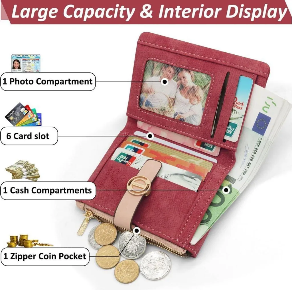 Porte-monnaie femme bordeaux compact à compartiments multiples