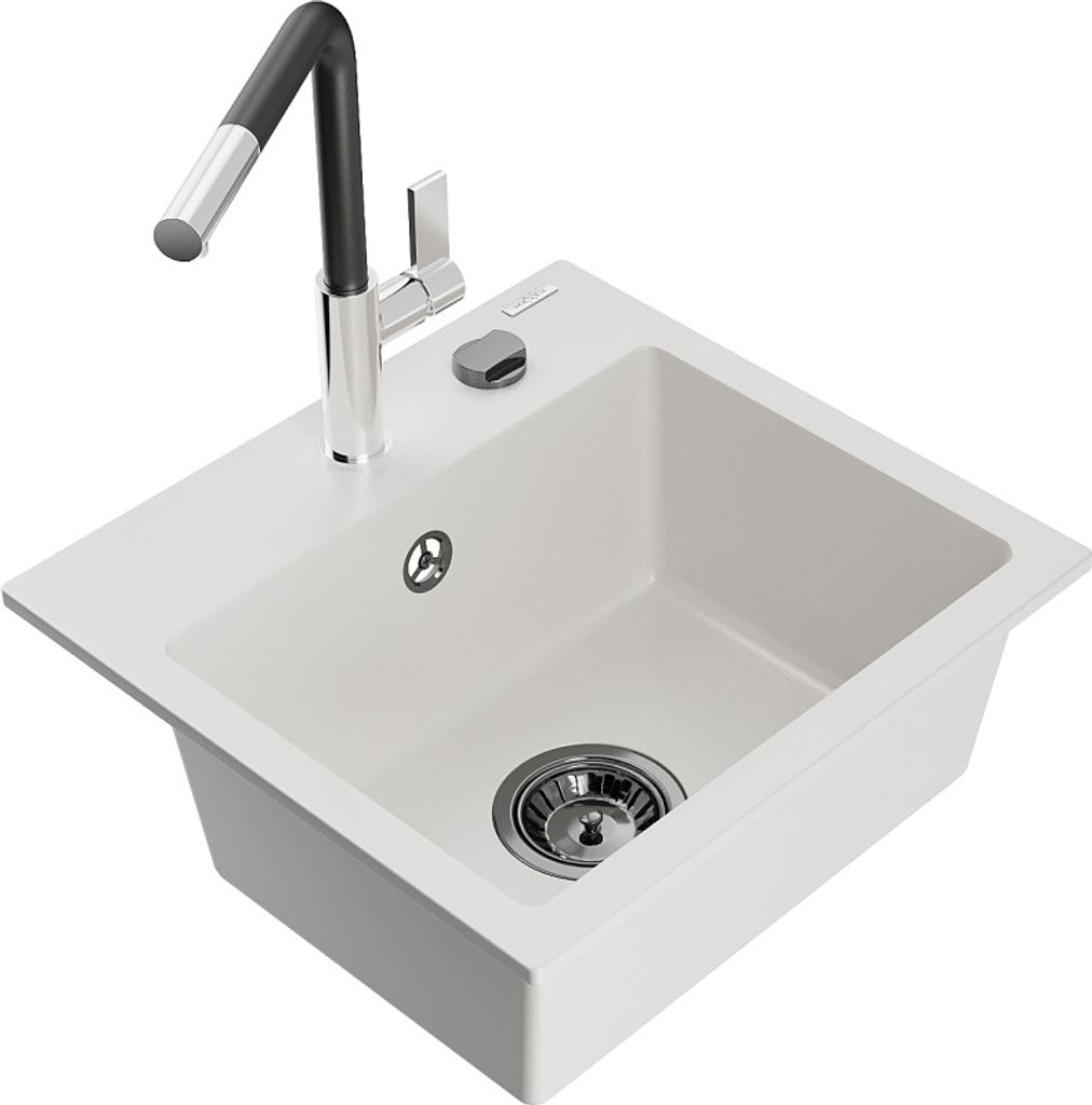 Mexen Milo 1-Becken-Granitspüle mit Mischbatterie Flora, Weiß - 6505-20-670401-07-B