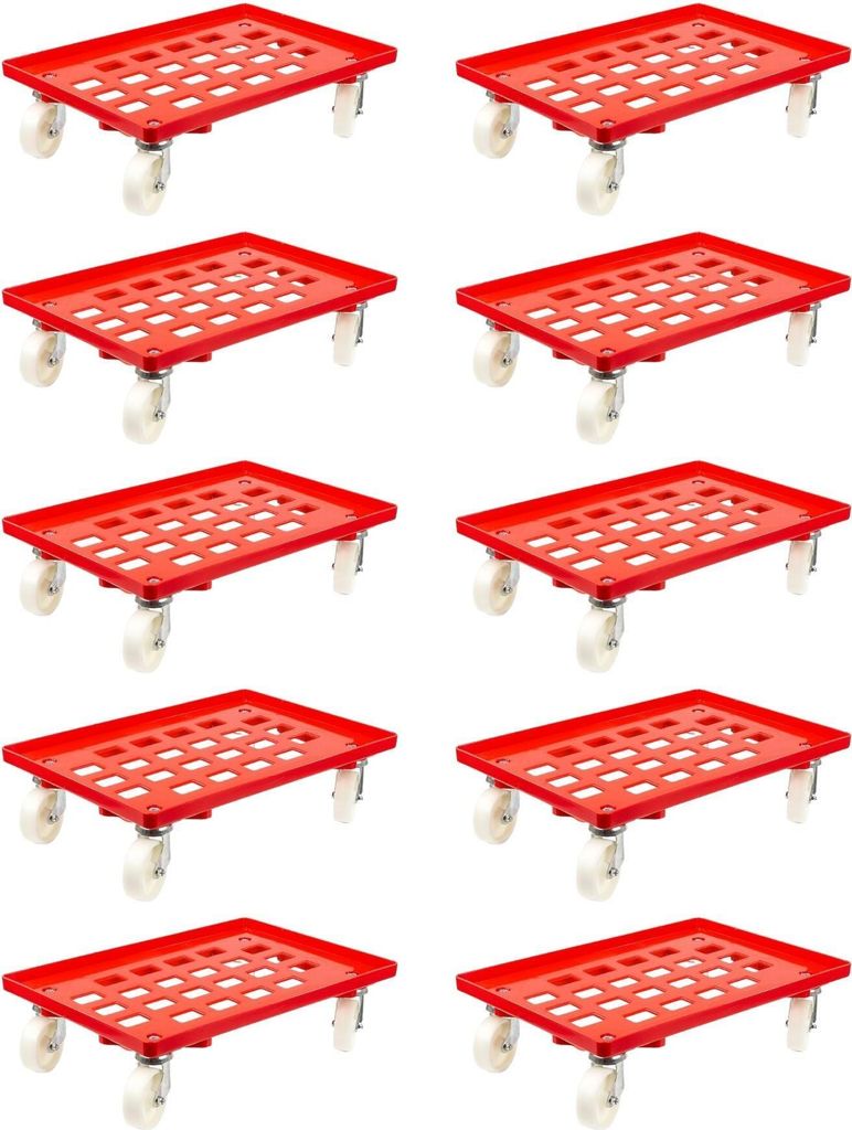 SparSet 10x Transportroller für Euroboxen 60x40cm mit Kunststoffräder rot | Gitter/Rasterdeck | 2 Lenkrollen & 2 Bremsrollen | Traglast 300kg | K...