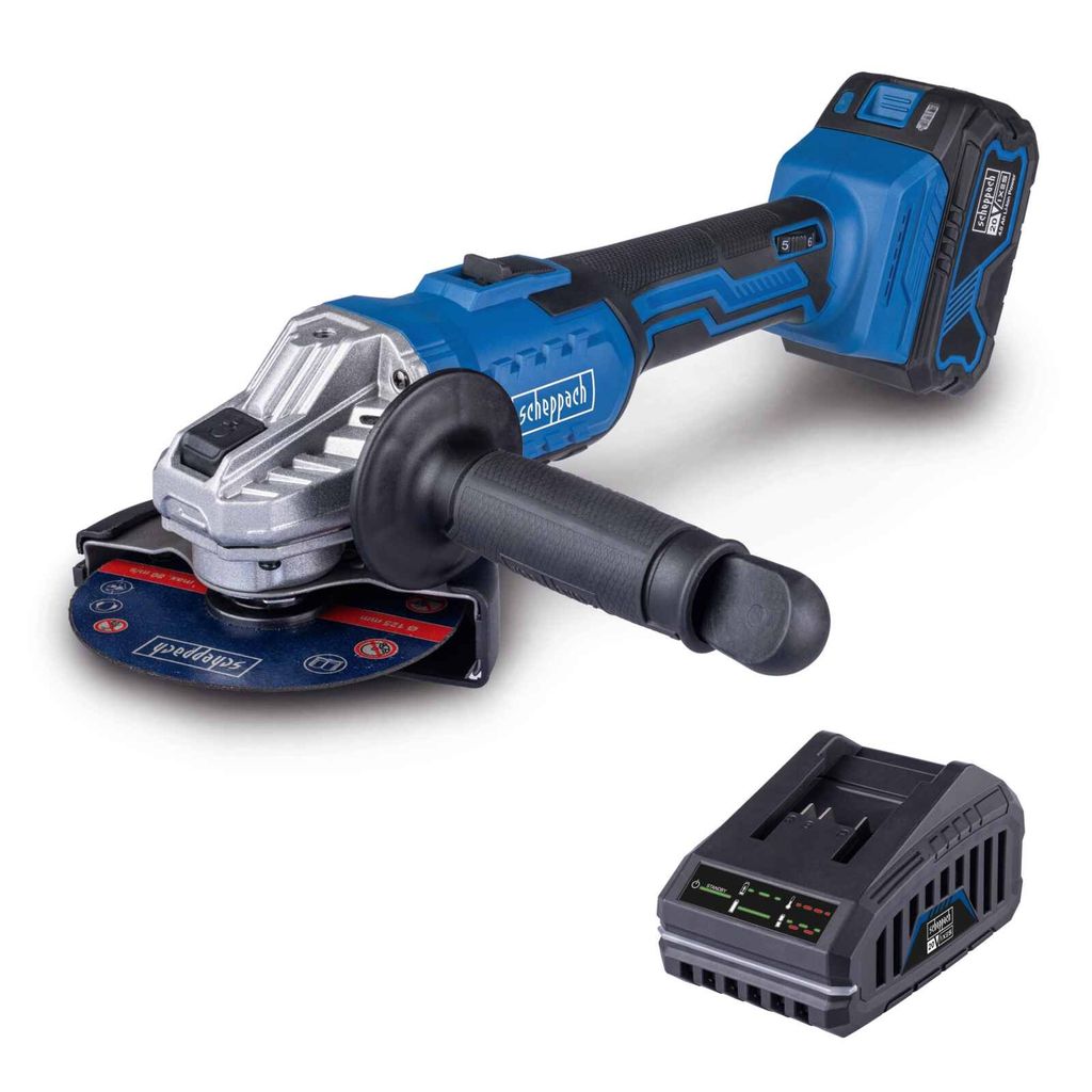 A cordless angle grinder and its battery pack are shown against a white background.