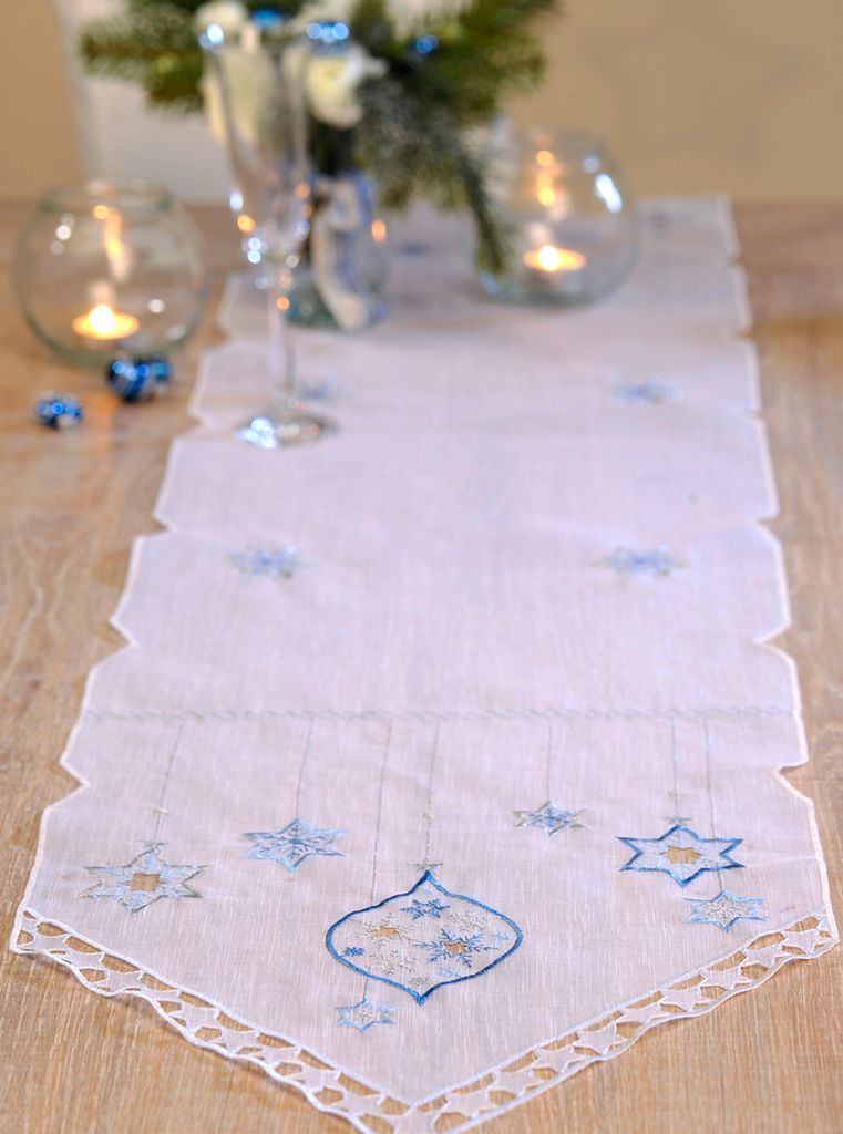 Tischläufer Weihnachten Advent bestickt ca. 35x160 cm Tisch Deko Weiß mit Stickerei Blau-Silber