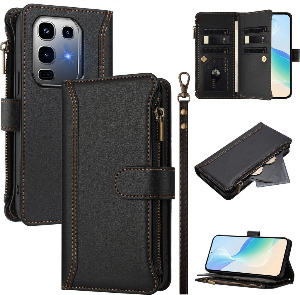 Handyhülle für Infinix Note 50 Pro+ Reißverschluss Geldbörse Kunstleder Klapphülle mit Kartensteckplatz, Ständer, Handschlaufe Schwarz