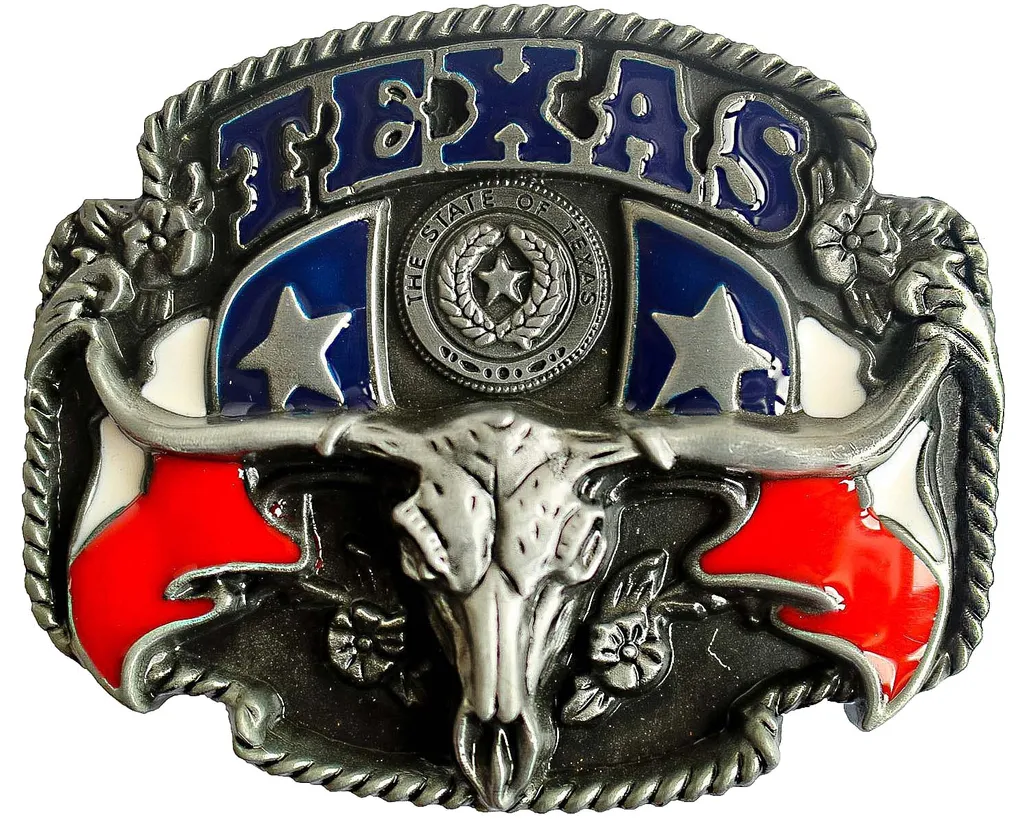 Große Western Gürtelschnalle – Silber Metall, Langes Horn / Texas Kuh / Stier Schädel, Für Männer, 1,5 Zoll Gürtel