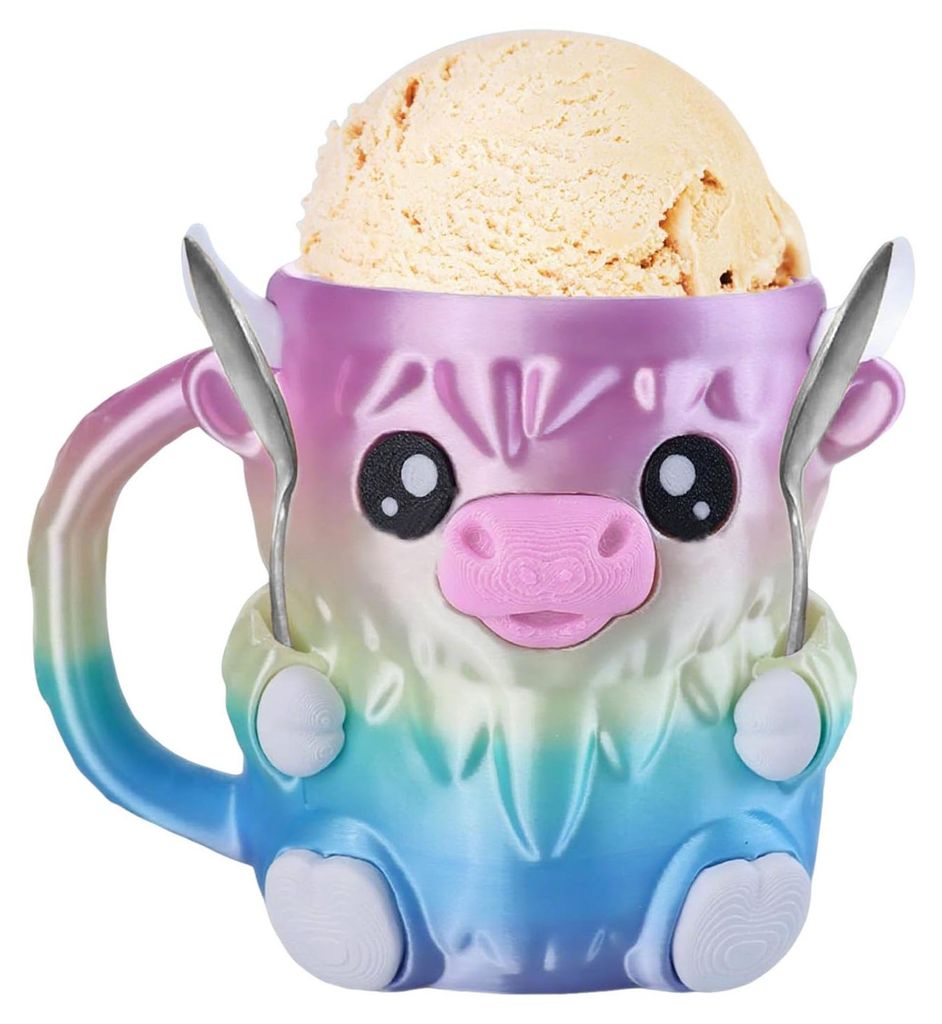 Highland Cow Eisbecherhalter mit 2 Löffeln, Pinguin-Eisbecherhalter, wiederverwendbare Eisbehälter, Bierdosenhalter für Küche, Café, Restaurant