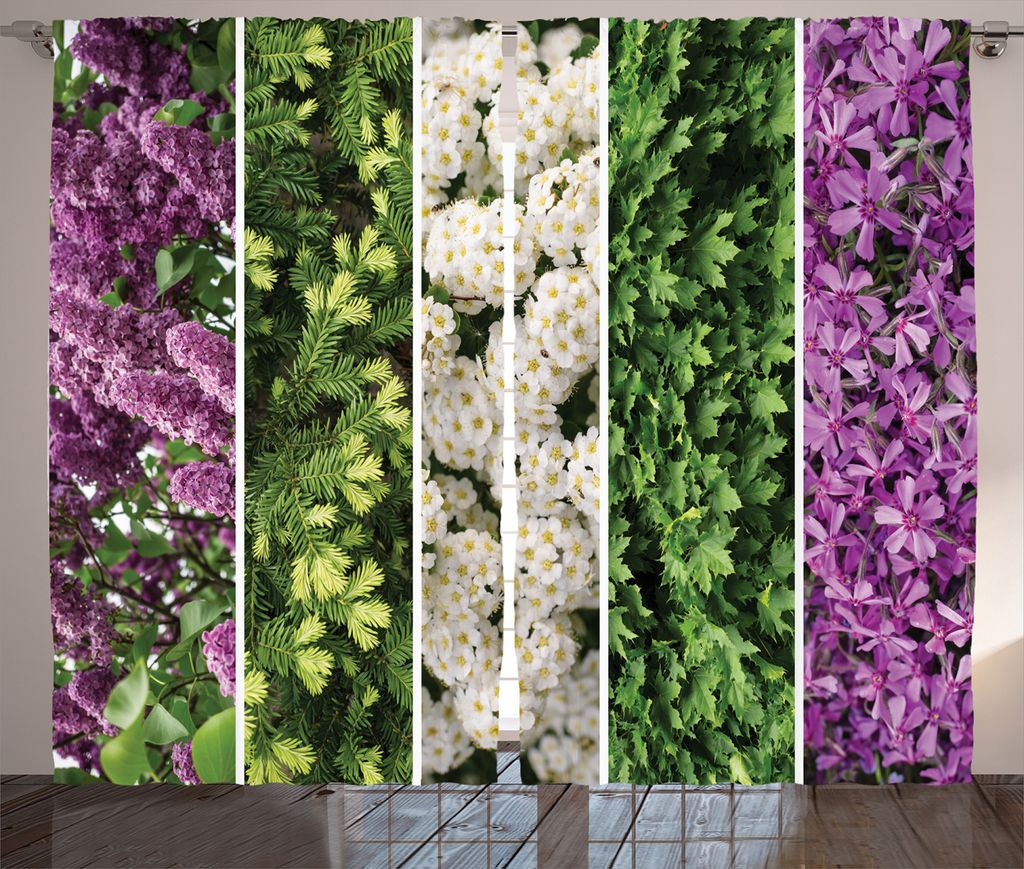 ABAKUHAUS Blume Rustikaler Vorhang, Blooming Bouquet Romantik, Wohnzimmer Universalband Gardinen mit Schlaufen und Haken, 280 x 225 cm, Grünes Vio...