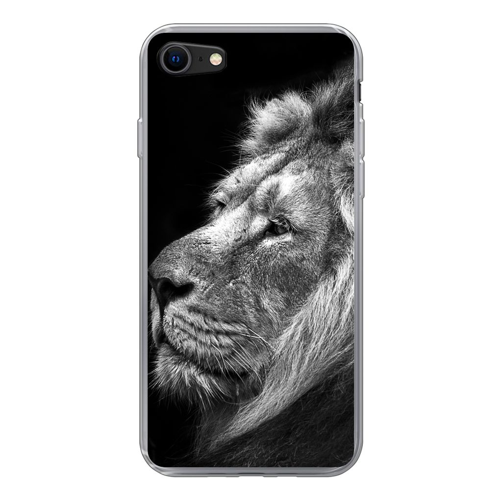 MuchoWow Handyhülle Schutzhülle Hülle für iPhone SE 2022 Löwe vor schwarzem Hintergrund in schwarz und weiß Silikon Softcase Handy Hülle -...