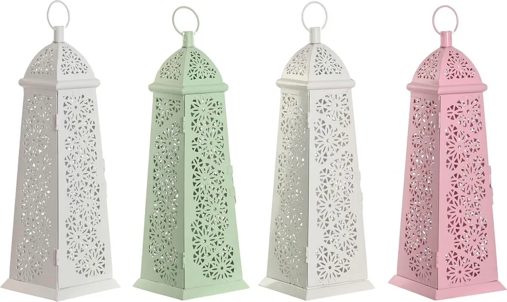 Lanterne blanche verte rose métal Esprit shabby chic - Lot de 4 pièces