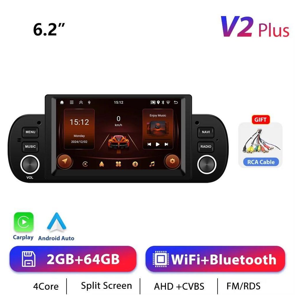 Autoradio für Fiat Panda 2013–2020 - 1-DIN Android 13 mit CarPlay - 15,7 cm Touchscreen - 2 GB RAM 64 GB ROM - GPS Navigation - RDS/FM - 2×USB ...