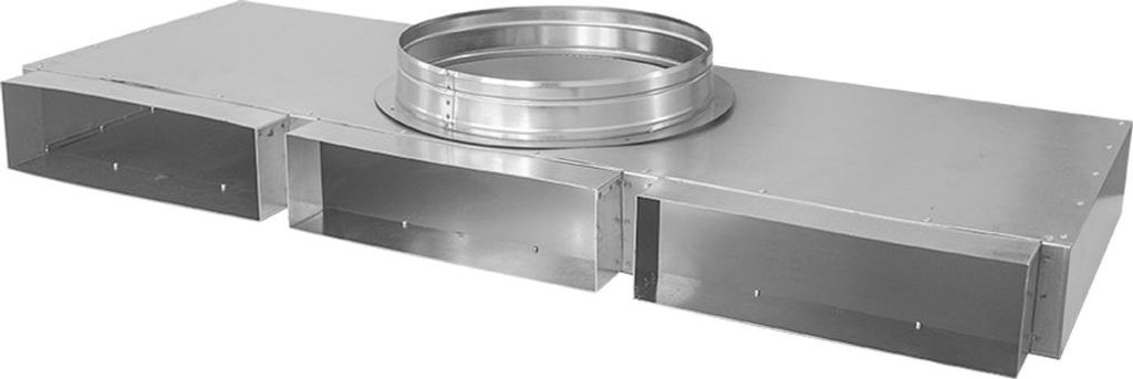 Flachkanal Verteiler 300 x 90 mm, drei Eingänge, ein Ausgang Ø 180 mm