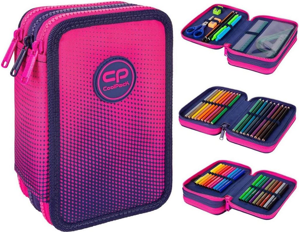 A collage of images showing a pink and purple gradient pencil case, both closed and open, with various stationery items inside.