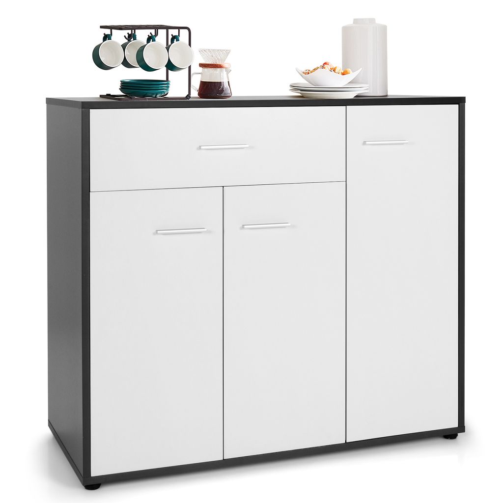 A modern sideboard with white doors and drawers, set against a white background.